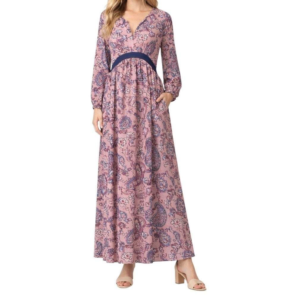 Unique Vintage Pink Paisley Boho Maxi Dress NWT S Empire Waist Pockets L/S Flowy